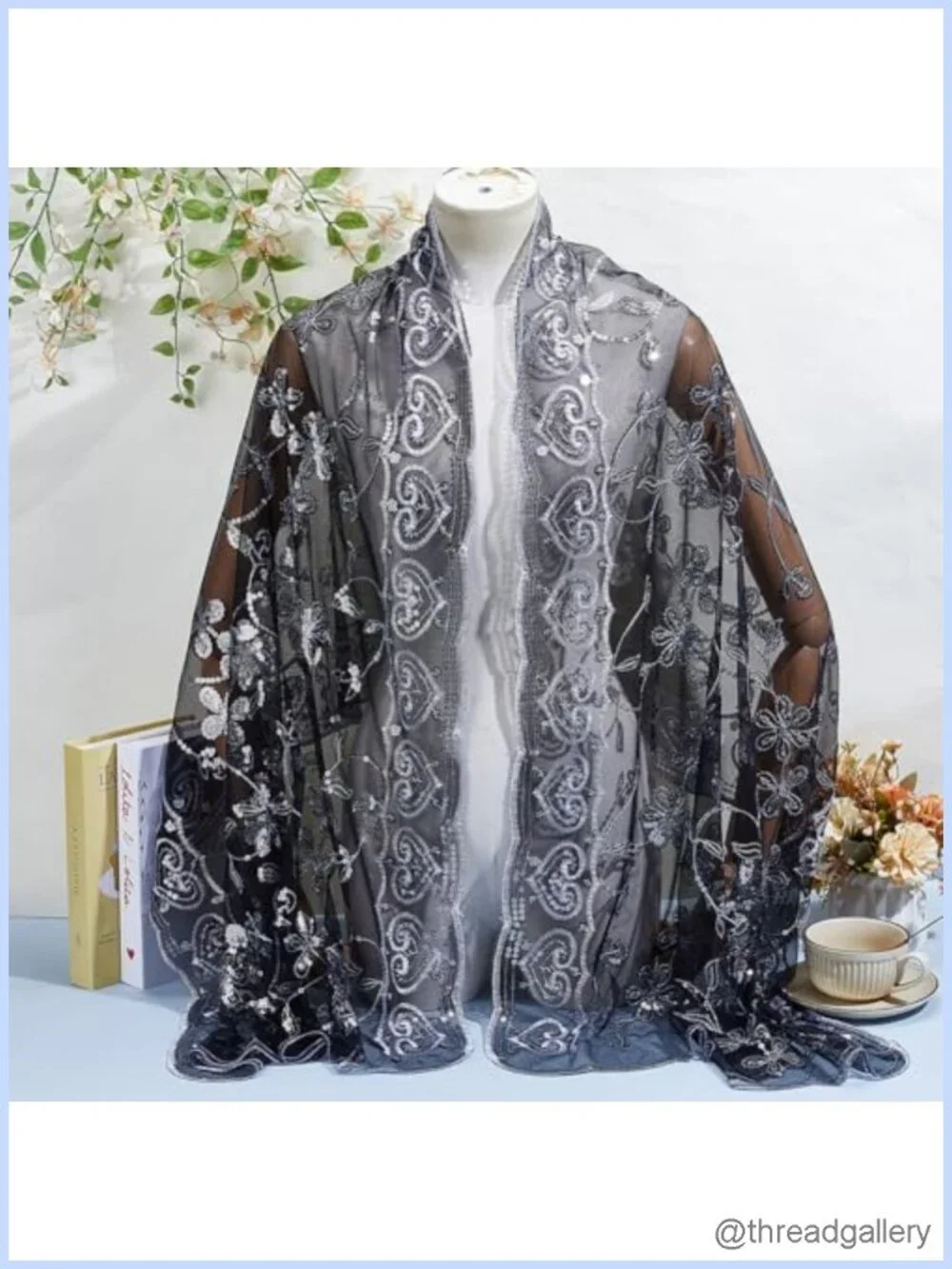 Sequin Gauze Shawl Wrap for Evening Dresses with Floral Pattern, Lightweight